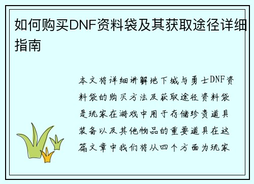 如何购买DNF资料袋及其获取途径详细指南